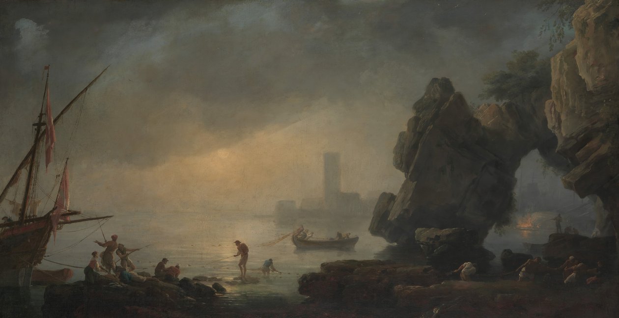 Havnescene med en grotte og fiskere som drar inn garn. av Unbekannt