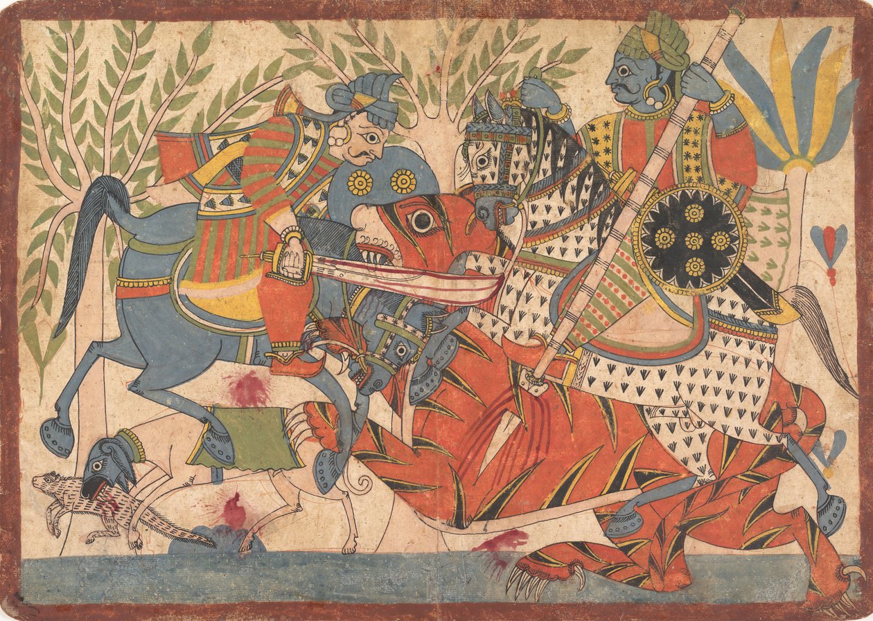 Harishchandra og hans minister Killing a Tiger-folio fra en Harishchandra-serie, 1800-1850. av Unbekannt