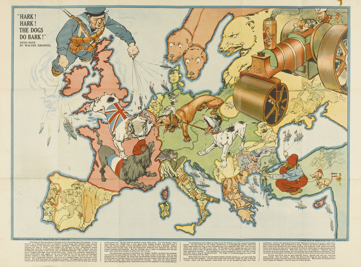 Hark! Hark! Hundene bjeffer! Europeisk satirisk kart, 1914 av Unbekannt