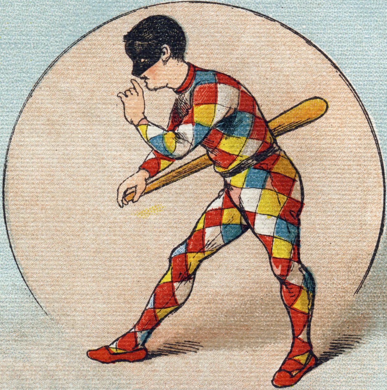 Harlekin. Gravering i "Alphabet de ma petite fille". Bernardin-Bechet og Fils, bokhandler-forlag, Paris, rundt 1895. Ubrytelig album på lerret. Bibliotheque des Bebes. 12 sider. Album som inneholder en lesemetode og et illustrerende abecedary. Dim av Unbekannt