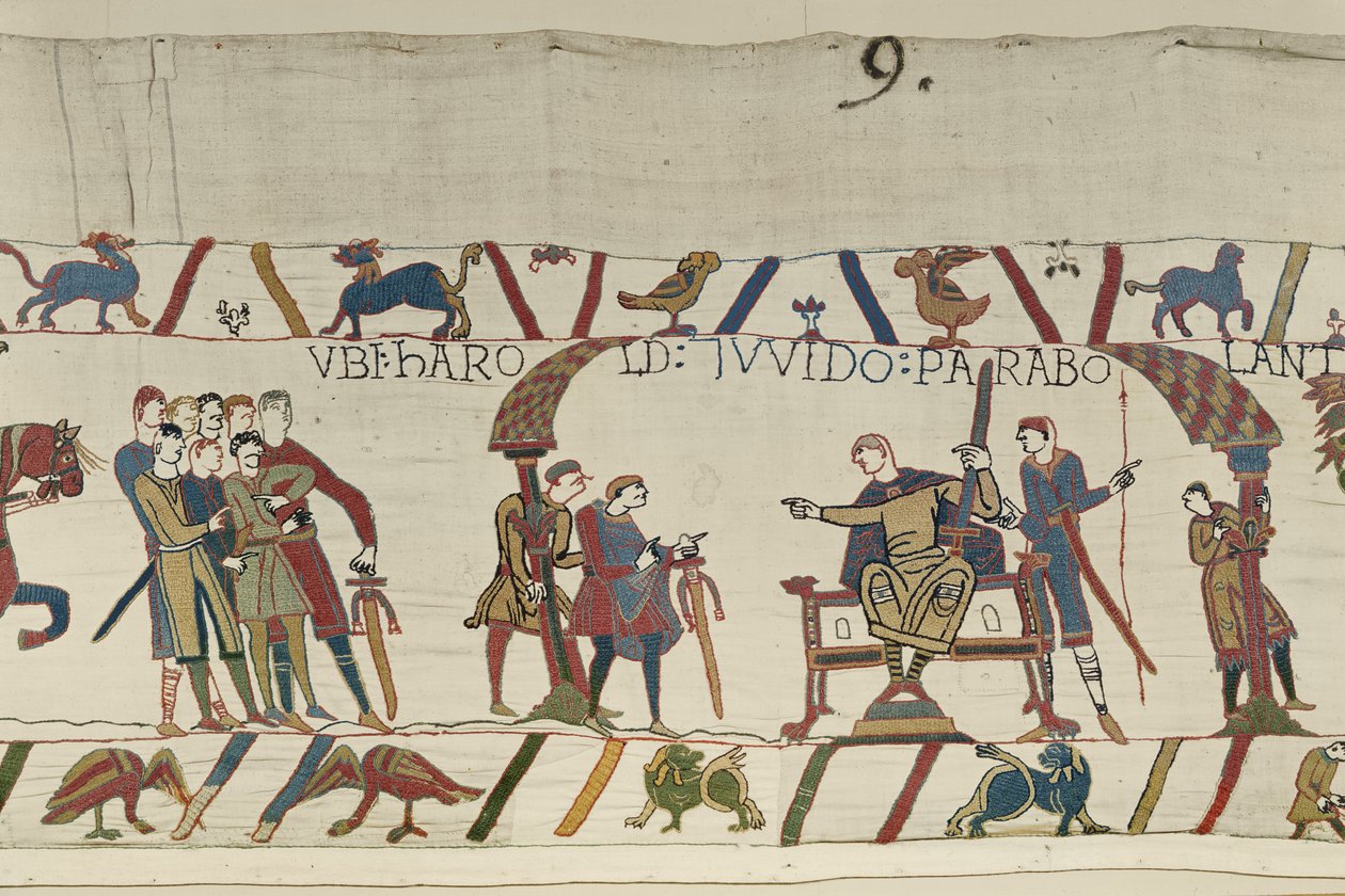 Harold og grev Guy av Ponthieu snakker sammen på Beaurain, Bayeux Tapestry (ullbroderi på lin) av Unbekannt