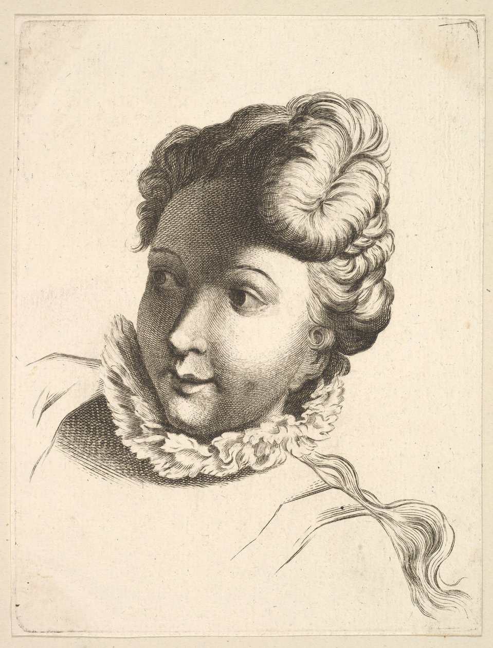 Head of a Woman Wearing a Ruff, fra Livre de Têtes Gravées dapres F. Boucher et ..., 1700-tallet. av Unbekannt