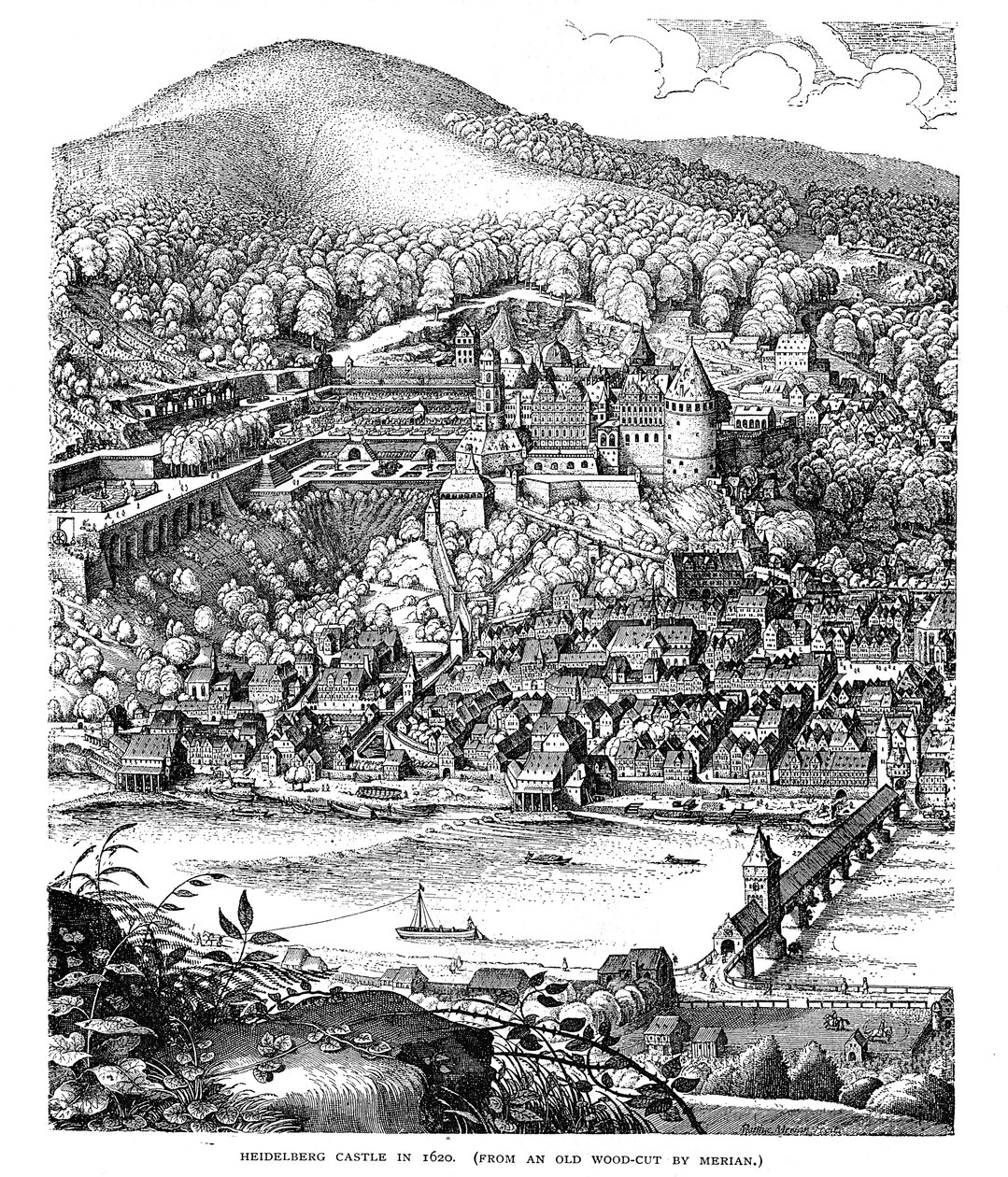 Heidelberg slott og by sett over Neckar-elven, Tyskland, i 1620 av Unbekannt