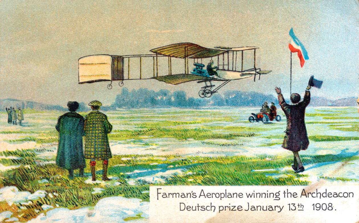 Henri Farman, fransk flyger, vinner premie for første sirkulære kilometerflyvning, Paris, januar 1908 av Unbekannt