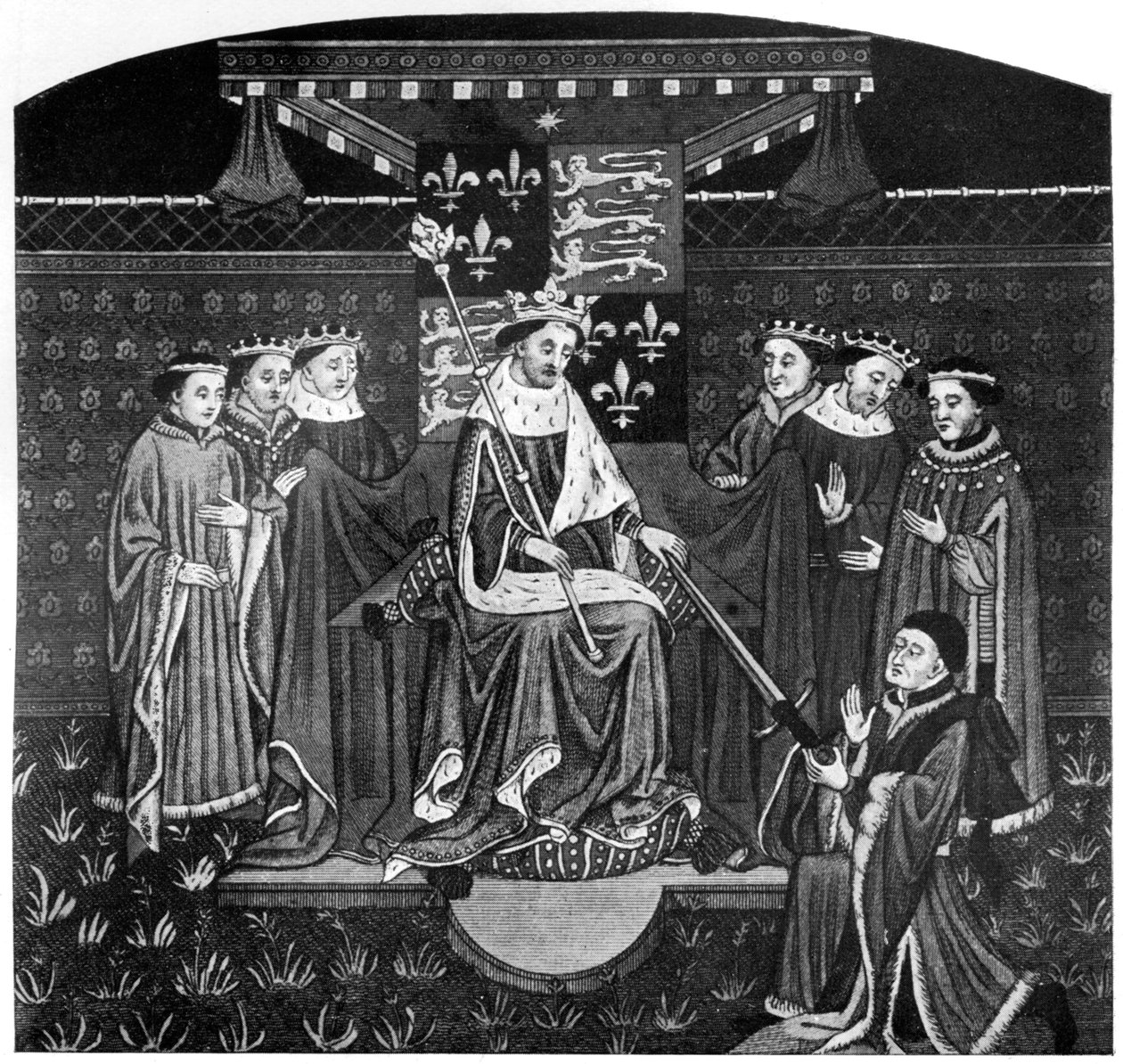 Henry VI presenterer et sverd til John Talbot, jarl av Salisbury, c1445, 1910 av Unbekannt