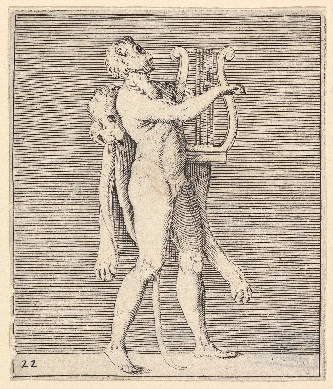 Hercules spiller en lyre, et løveskinn drapert over skulderen, publisert ca. 1599-1622. av Unbekannt