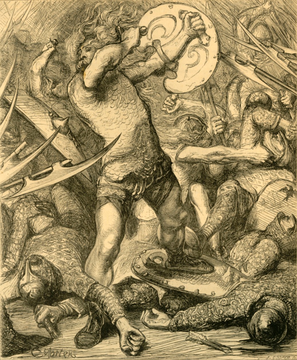 Hereward skjærer seg gjennom den normanniske verten, c1890. av Unbekannt