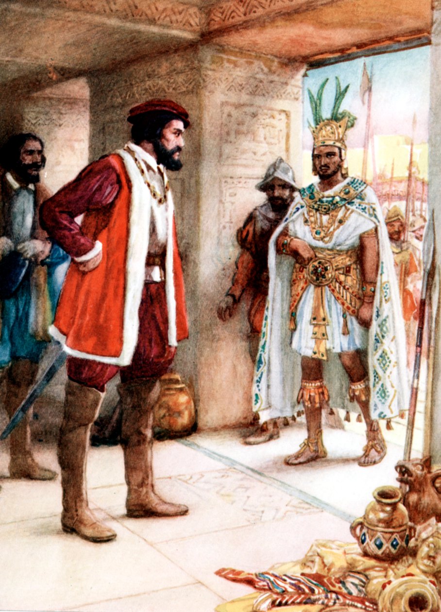 Hernan Cortes møter den aztekiske keiseren Montezuma, 1519 av Unbekannt