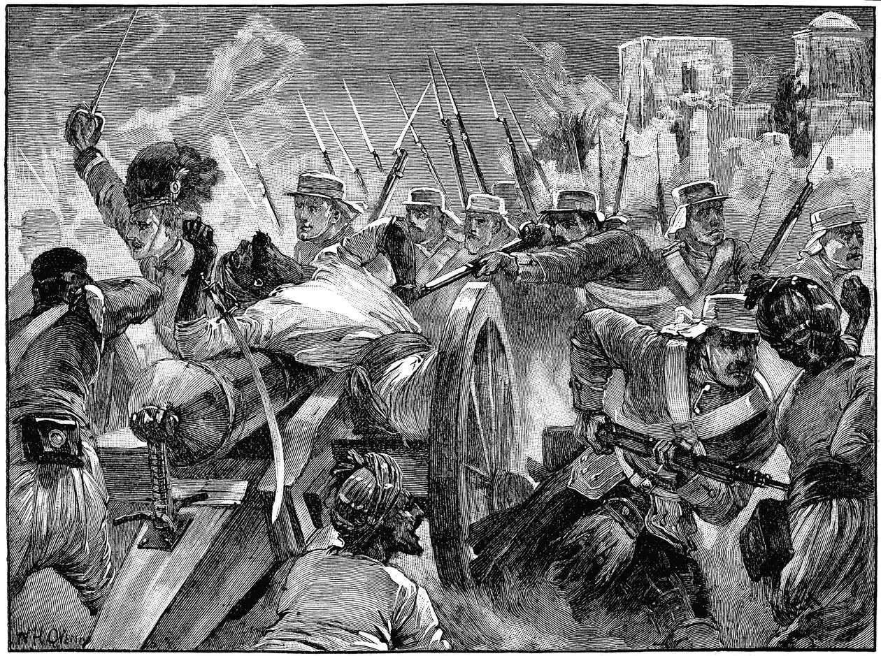 Highlanders som fanger mytteristenes våpen ved Cawnpore, Indian Myttery, 16. juli 1857 c1895 av Unbekannt