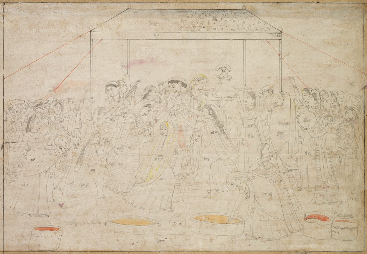 Hindu-guden Krishna blir kledd i kvinneklær for vårfestivalen Holi, ca. 1790. av Unbekannt