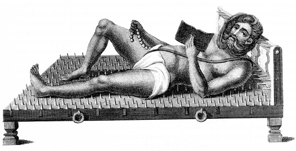 Hindufilosofen Pararum Soatuntre Perkasanund liggende på en seng av jernpigger, 1811 av Unbekannt