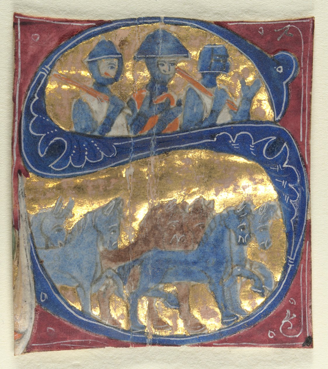 Historikert initial S Utskåret fra en bibel: soldater og hester, 1200-tallet. av Unbekannt