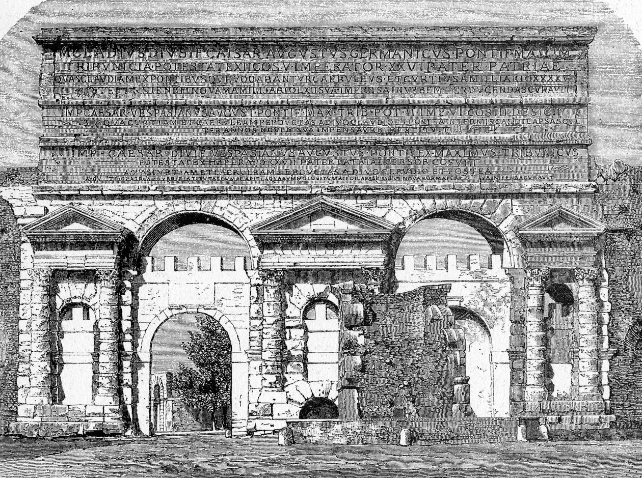 Historien om det gamle Roma. Roma-graveringer av Porta Maggiore fra 1872, eller Porta Nevia av Unbekannt