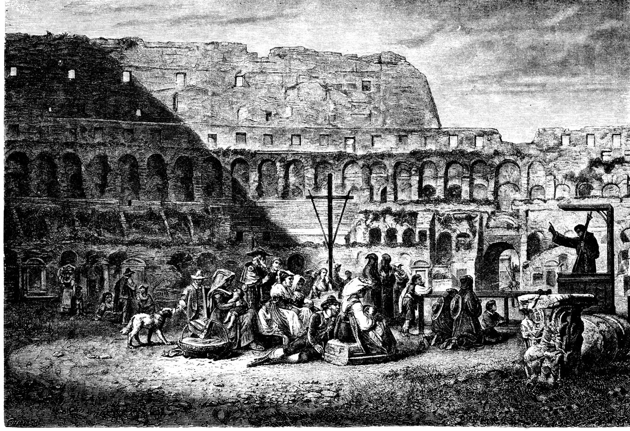 Historien om det gamle Roma. Fasteprekenen på innsiden av Colosseum. Trykk 1800 av Unbekannt