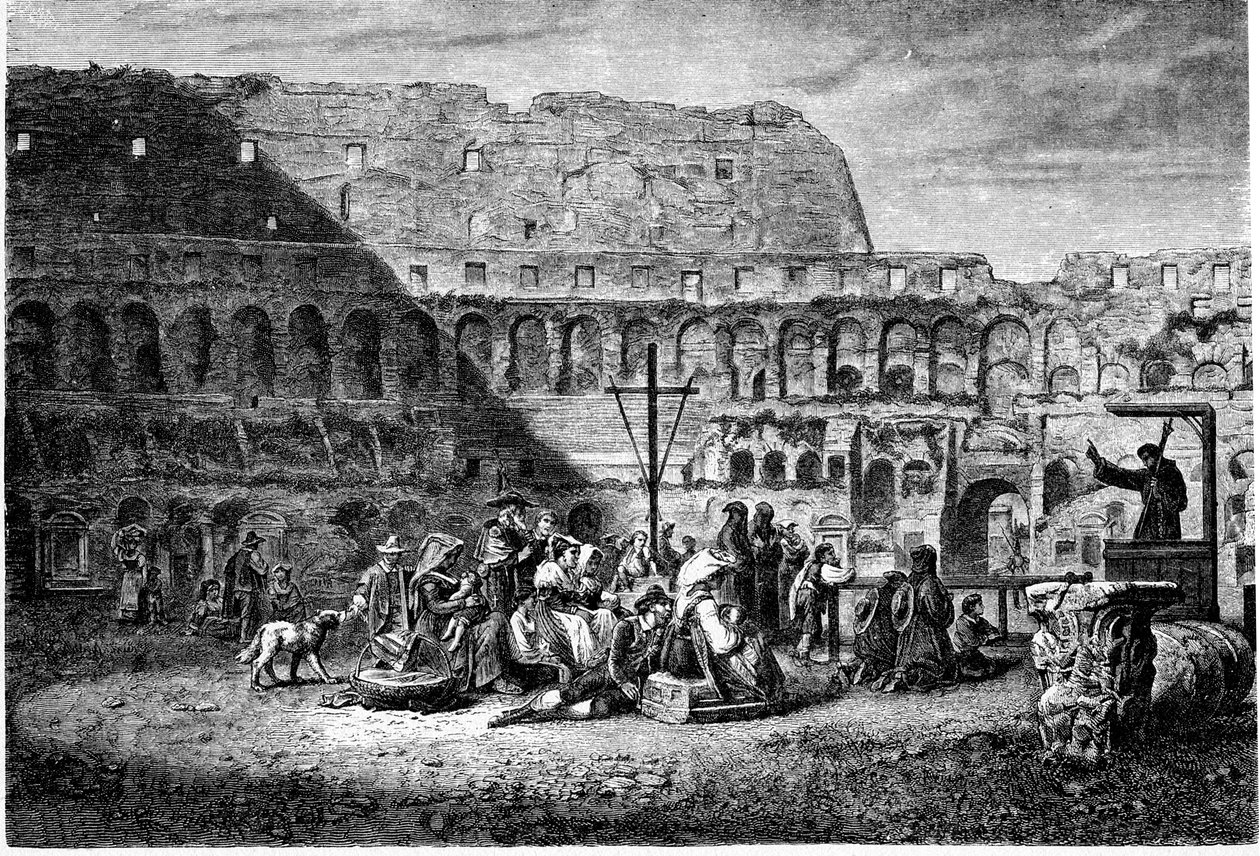 Historien om det gamle Roma. Fasteprekenen på innsiden av Colosseum. Trykk 1800 av Unbekannt