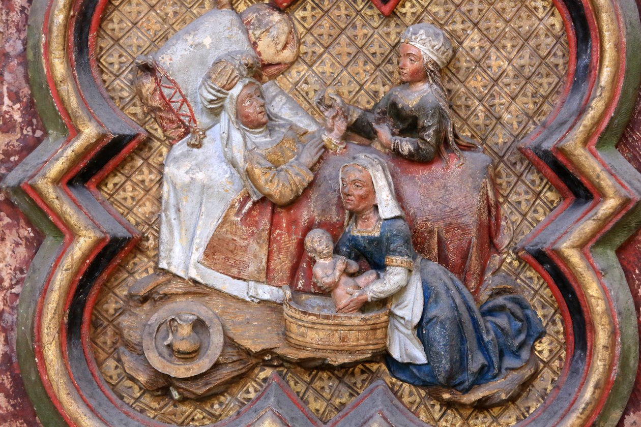Døperens Johannes historie: "" Døperen Johannes fødsel." Basrelieff av nordenden av Nordkoret (1531). Polykrom stein. 1531. Amiens-katedralen, Amiens, Frankrike av Unbekannt