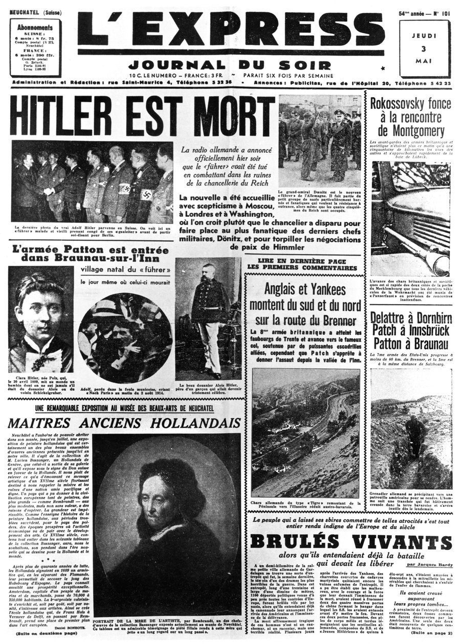 Hitler er død, forsiden av avisen LExpress, 3. mai 1945 av Unbekannt