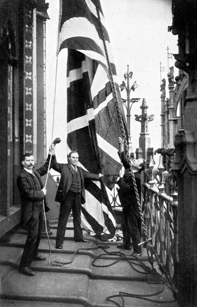 Heising av Union Jack, Houses of Parliament, Westminster, c1905 av Unbekannt