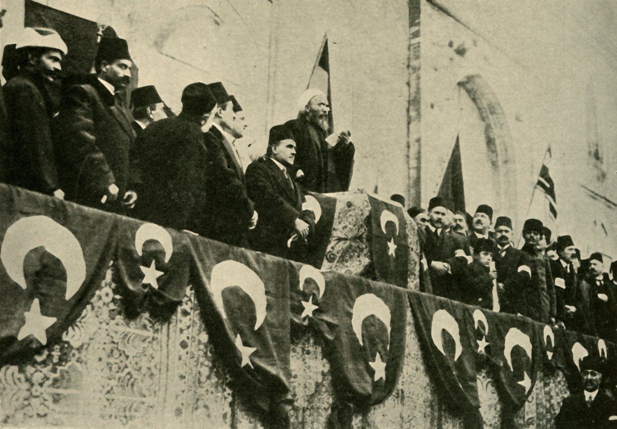 Den hellige krig er uttalt ved Fatih-moskeen, Konstantinopel, 14. november 1914, c1920. av Unbekannt