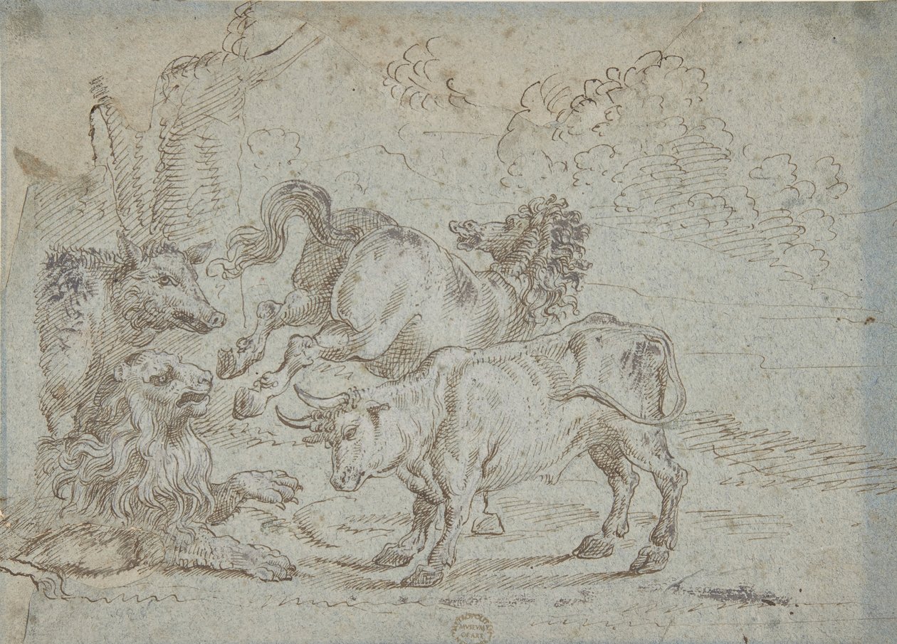 Hest, okse, løve og villsvin, 1600-tallet. av Unbekannt