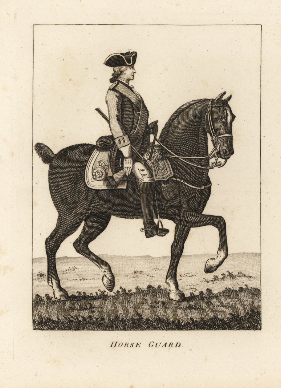 Horse Guard, i militæruniform med tricorn, muskett av Unbekannt