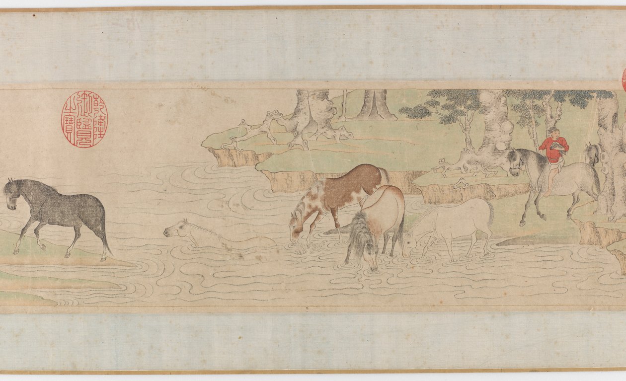 Hester og brudgom som krysser en elv, Yuan eller tidlig MIng-dynastiet, 1300-tallet. av Unbekannt