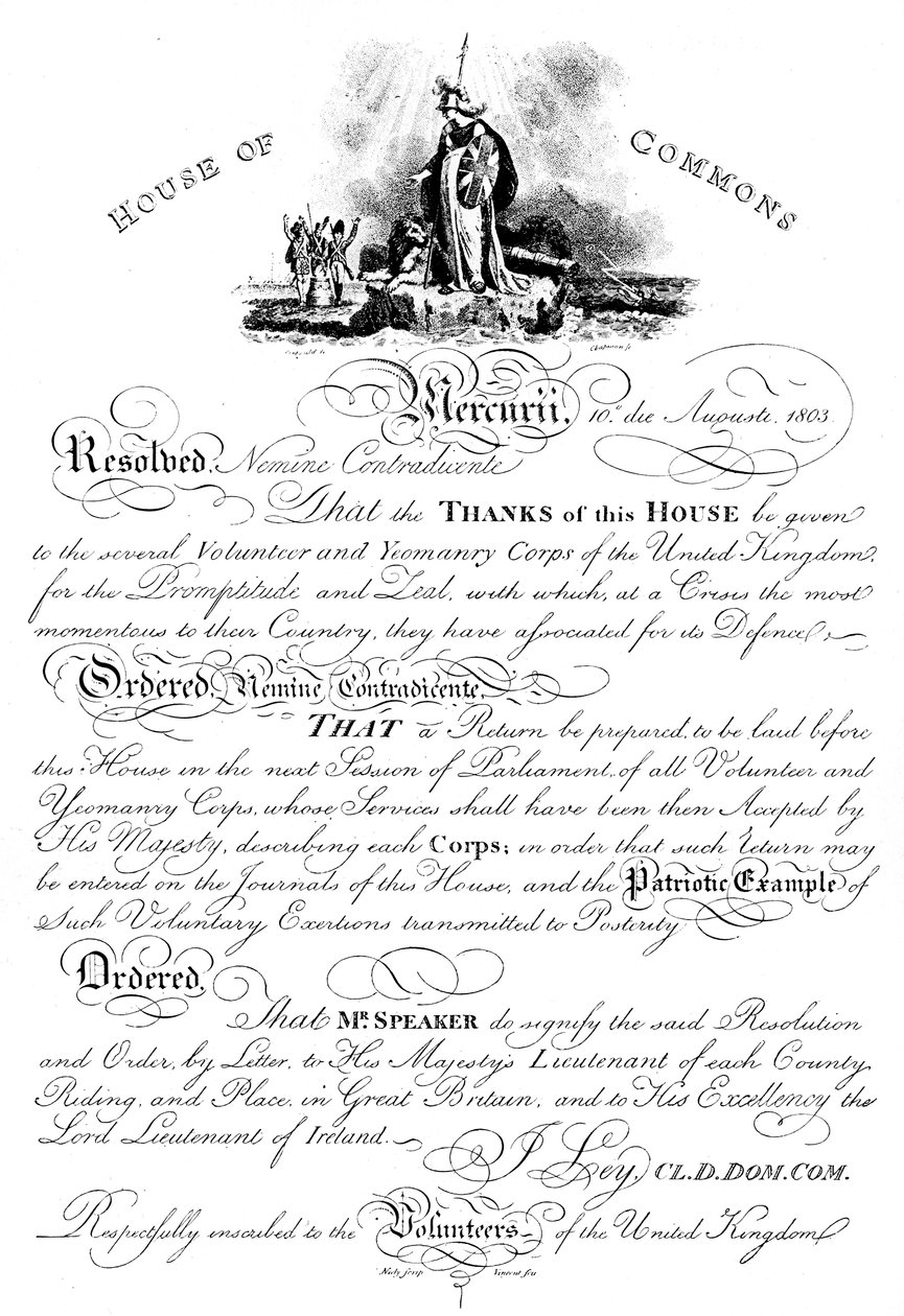 Underhusets resolusjon formidler takk til Volunteer Yeomanry Corps, c1905 av Unbekannt