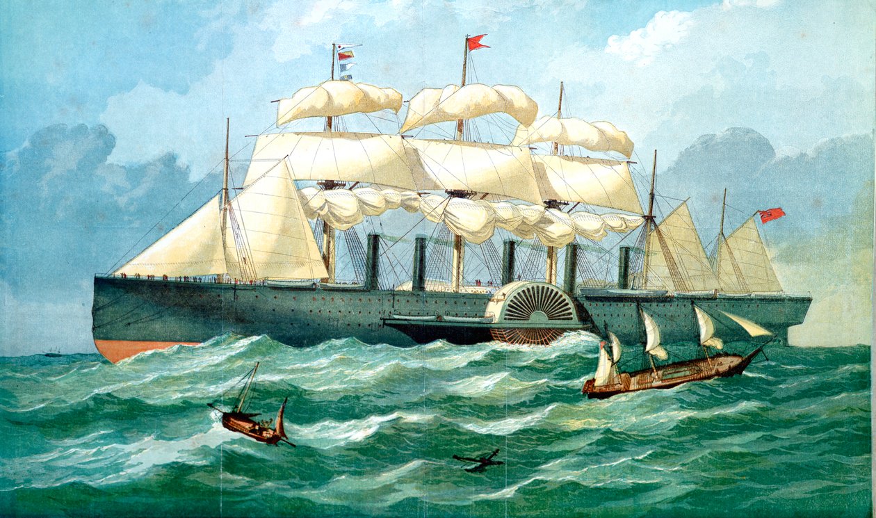 IK Brunels dampskip Great Eastern viser hus for skovlhjul og seil, 1857 av Unbekannt