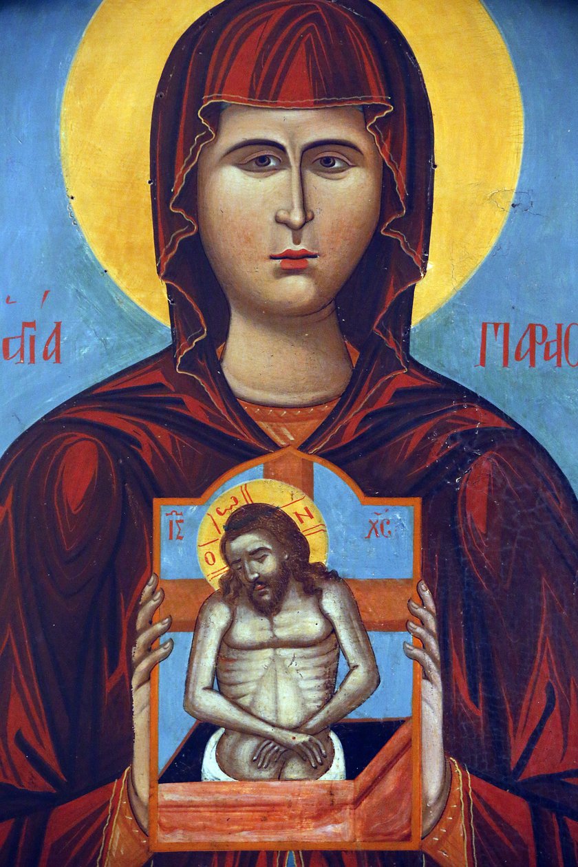 Ikon i Pedoulas bysantinske museum: Saint Paraskevi holder et korsfestelsesikon (1789), 20150510, Pedoulas, Kypros av Unbekannt
