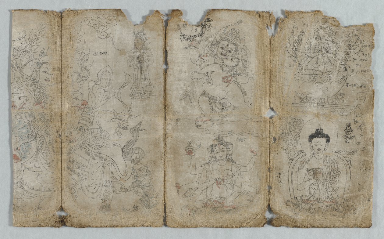 Ikonografisk tegning: Vaishravana, Yama, Vsnisavijaya, Tara og Buddha recto, ca. 1500. av Unbekannt