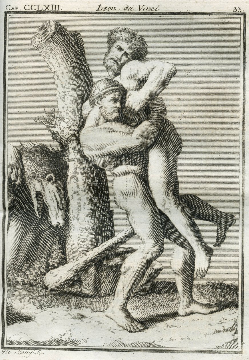 Den florentinske maleren bruker bildet av Hercules (herakles) som holder Antaeus i en dødelig omfavnelse, som ikke lenger er uovervinnelig når han løftes opp fra bakken, for å studere menneskefiguren mens han støtter en vekt. Gravering fra "" Treat of Pain av Unbekannt