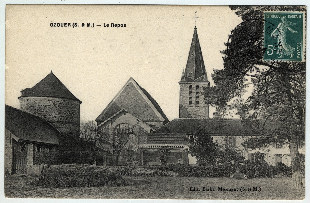 Ile de France, Seine et Marne (77), Ozouer le Repos (Ozouer-le-Repos): utvendig utsikt over kirken Saint Aubin (Saint-Aubin) - Postkort datert 1908 av Unbekannt