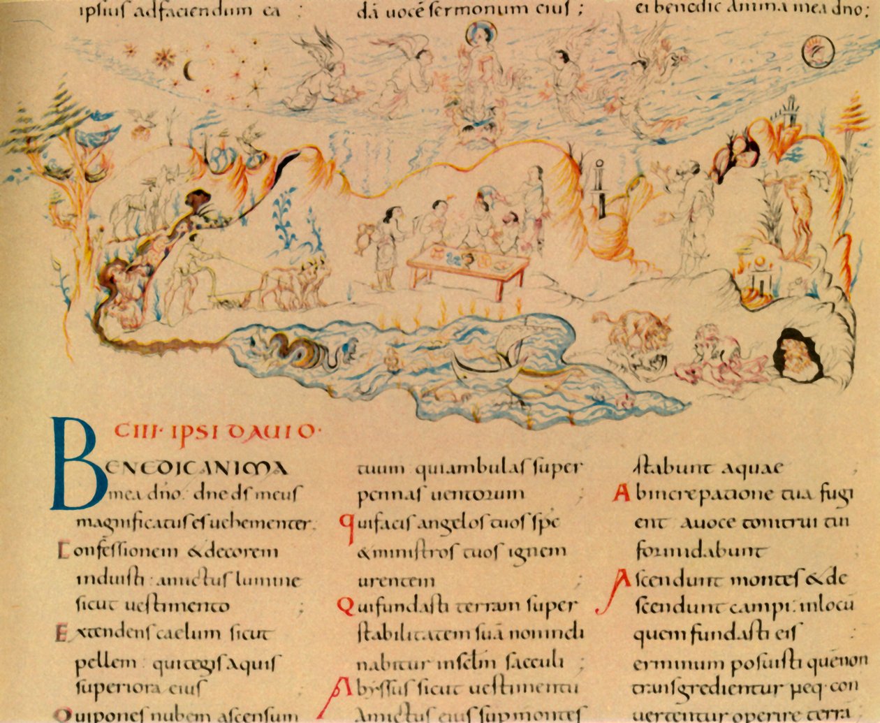 Illustrasjon og del av teksten til Salme 103, c1000-1050, 1947. av Unbekannt