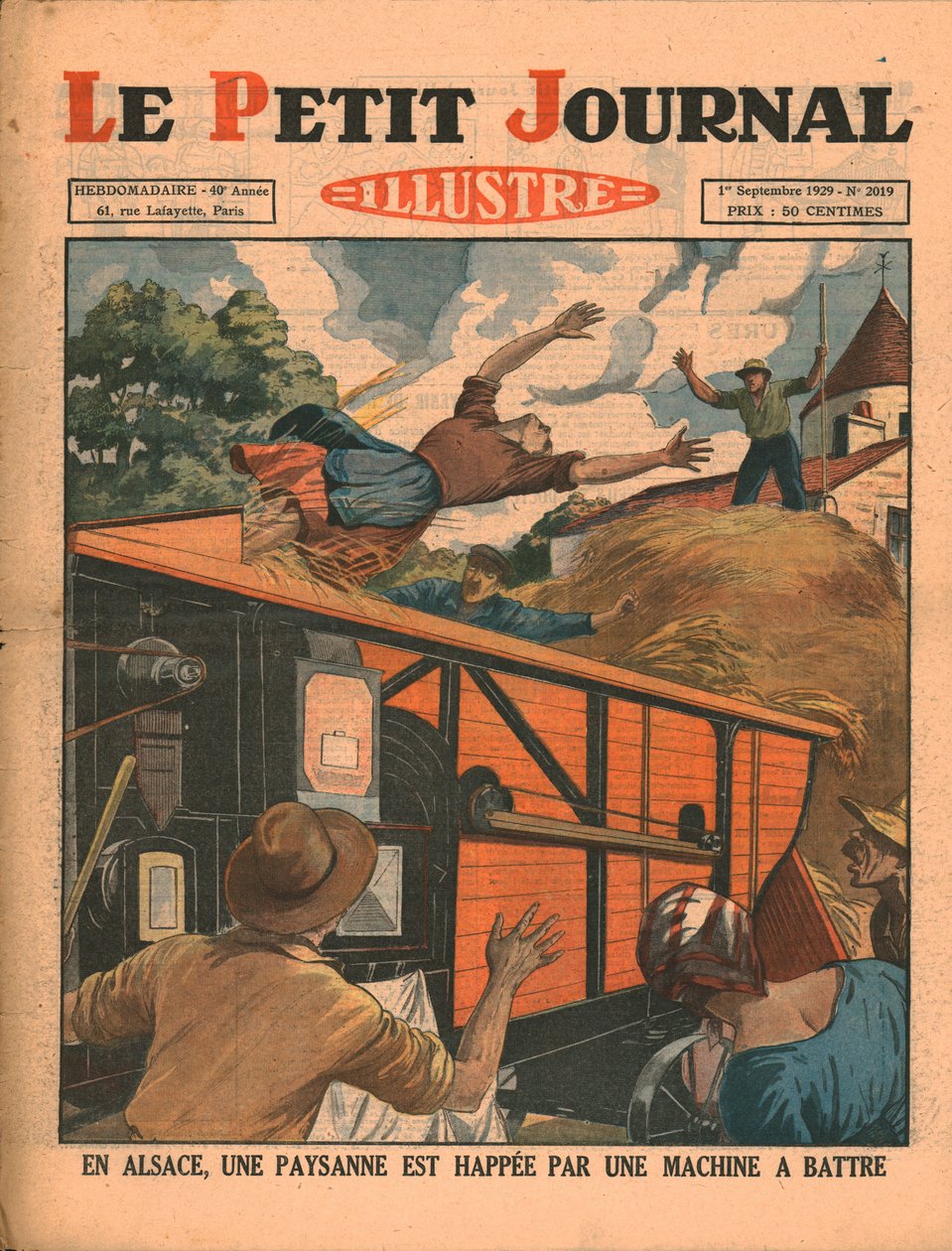I Alsace blir en bondekvinne fanget i en treskemaskin, 1929. av Unbekannt