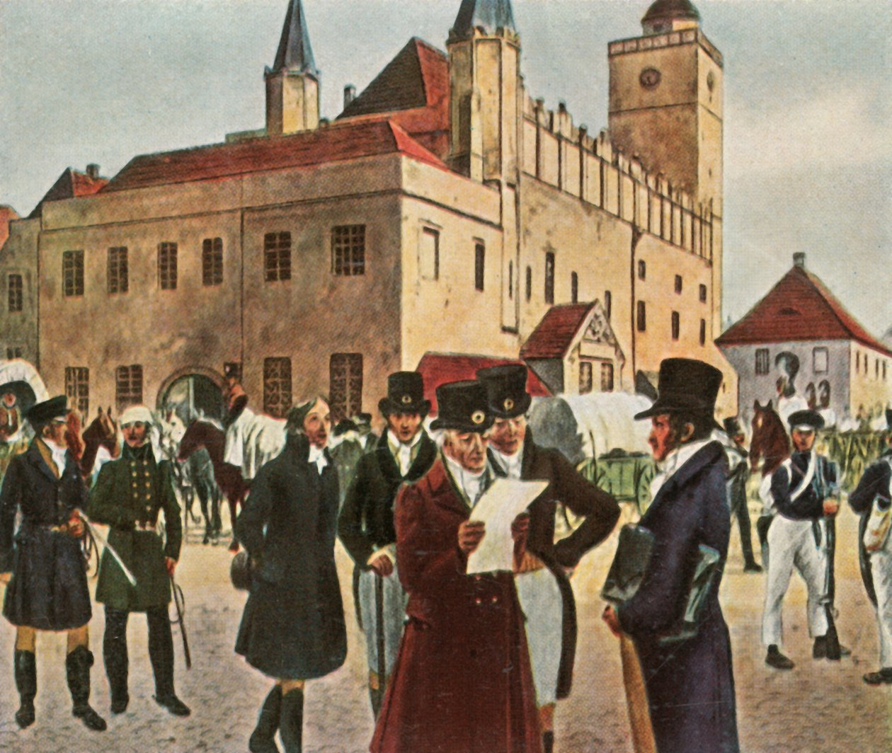 Foran rådhuset i Reichenbach i Schlesien under våpenhvilen, 1813, 1936. av Unbekannt