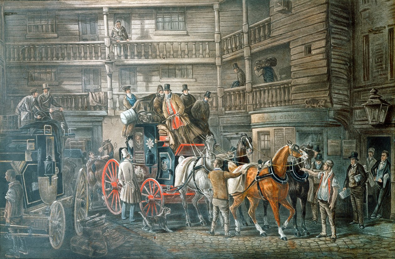 Vertshusgård med postbuss som forbereder seg på å dra, c1840 av Unbekannt