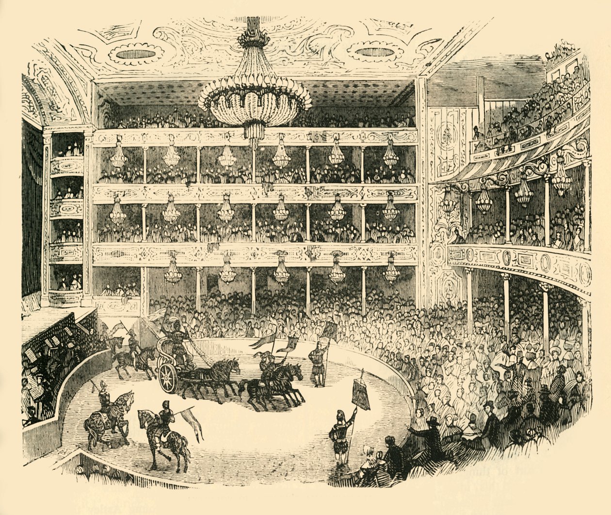 Interiør av Astleys Amphitheatre i 1843, c1878. av Unbekannt