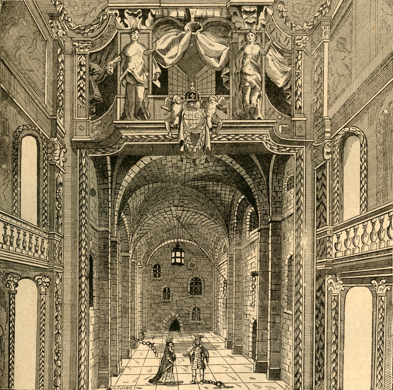 Interiør av Dukes Theatre, c1673, 1897. av Unbekannt