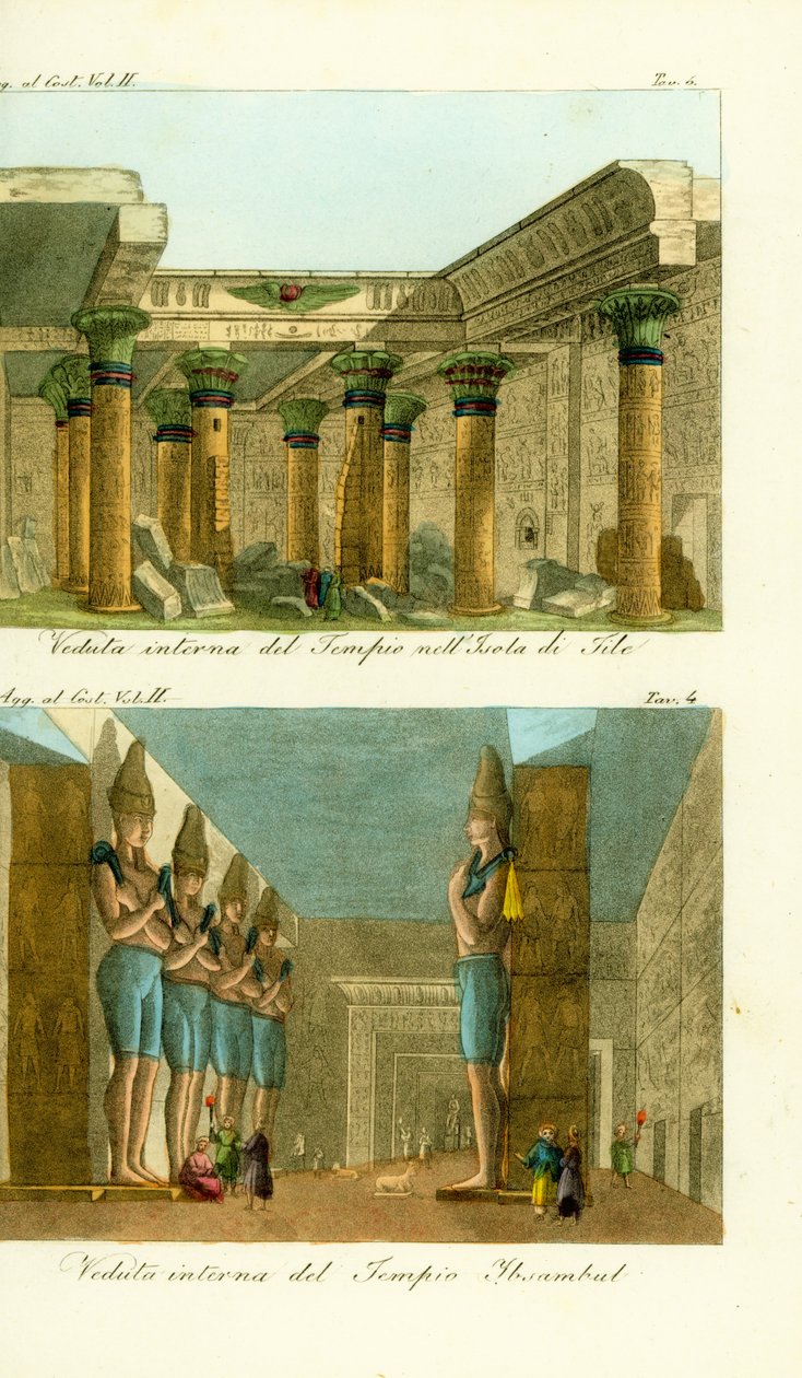 Interiør av Isis-tempelet på Philae Island, Nubia, og interiøret i det store Ramses II-tempelet i Abu Simbel (Ibsambul), Nubia av Unbekannt