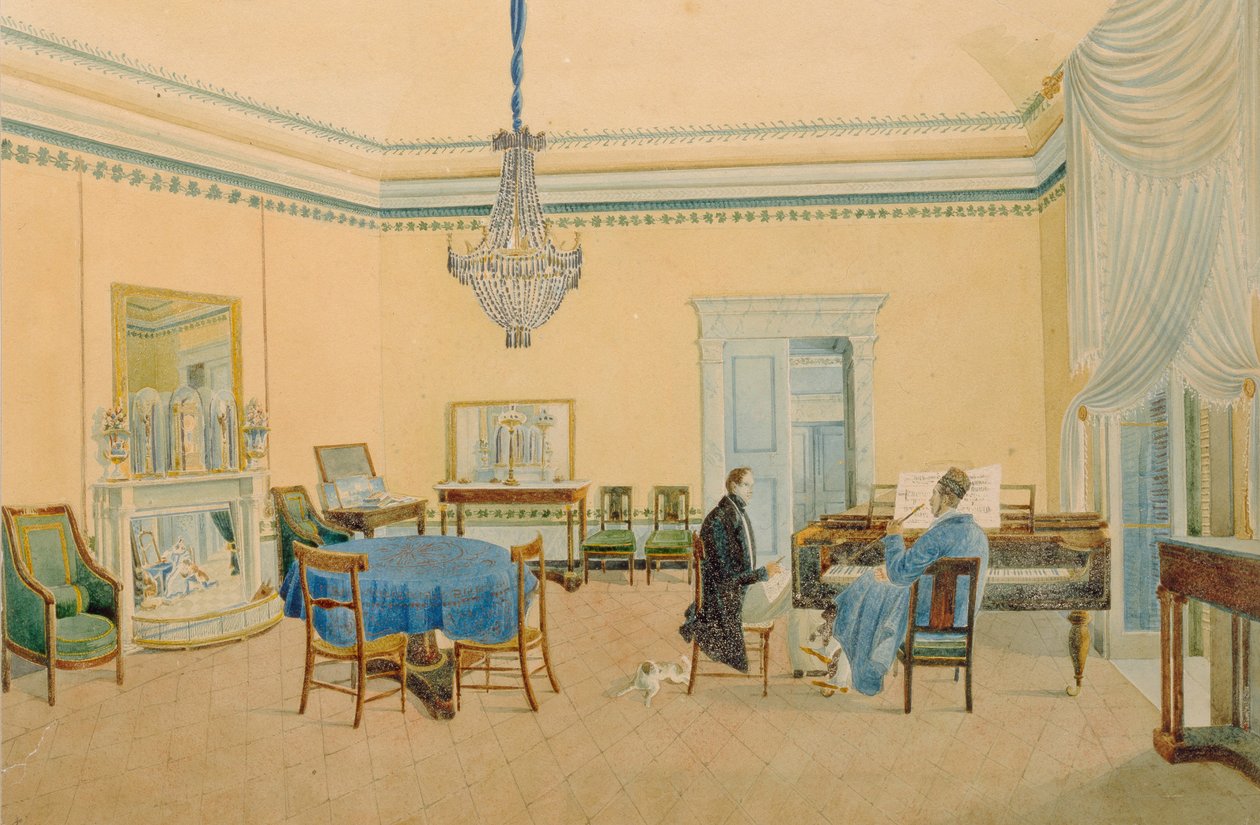 Interiør med figurer. Musikkrommet, 1830-1839 av Unbekannt