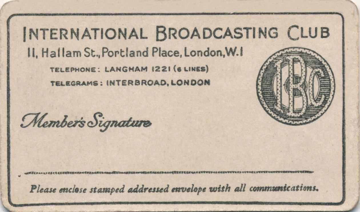 International Broadcasting Club: Medlemskort, c1930-tallet av Unbekannt