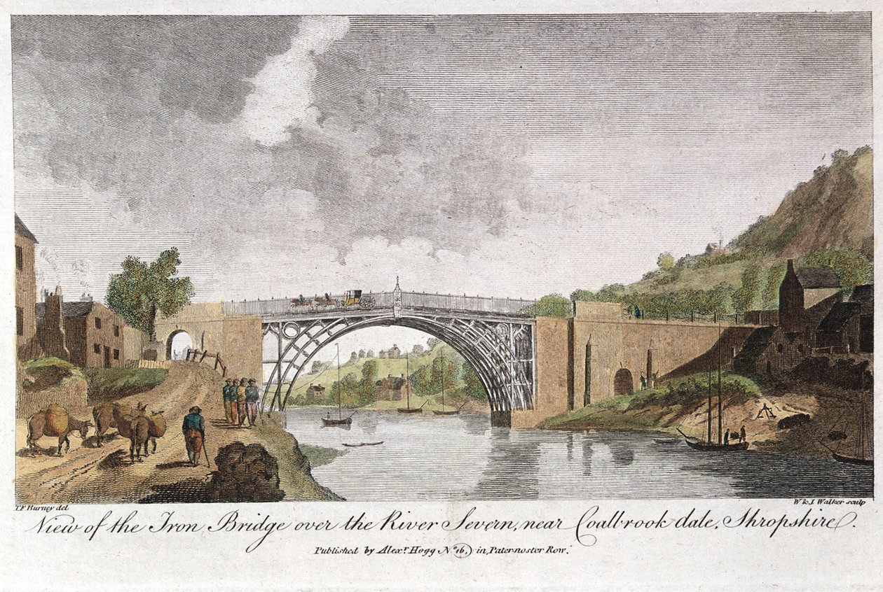 Jernbro over Severn ved Ironbridge, Coalbrookdale, England, bygget 1779 av Unbekannt