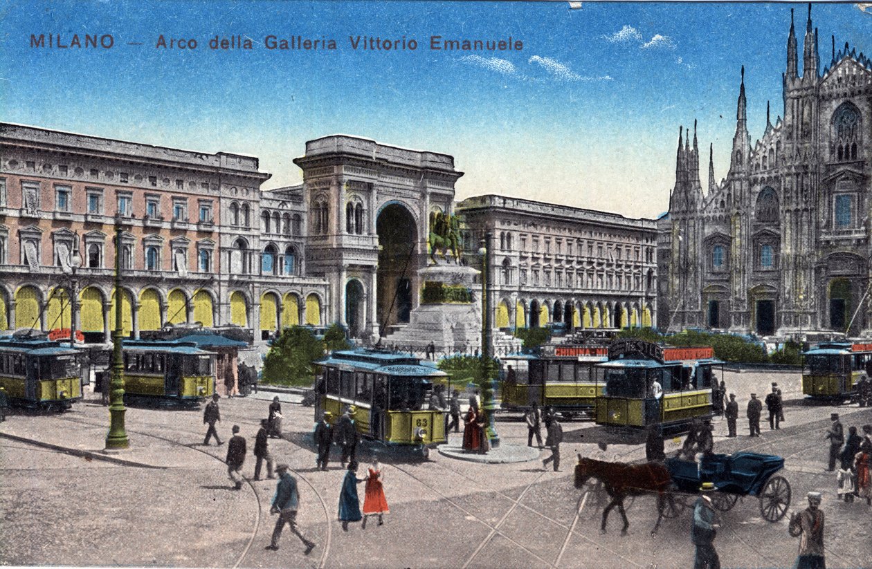 Italia, Milano: trikker på Piazza del Duomo og Triumfbuen mellom galleriet Victor Emmanuel (Victor-Emmanuel) (Galleria Vittorio Emanuele) - Postkort sent på 1800- og 1900-tallet av Unbekannt