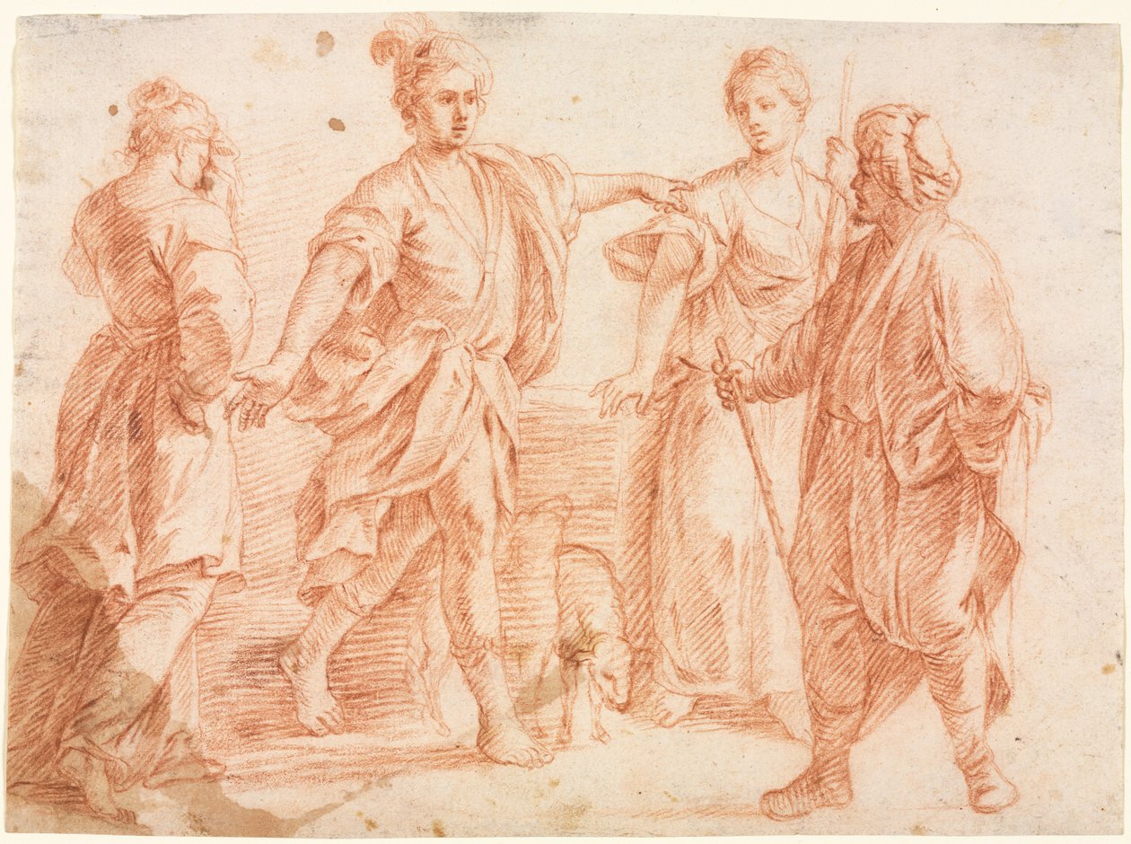 Jacob og Laban med Rakel og Leah recto Sketch of Two Men...verso, 1600-tallet. av Unbekannt