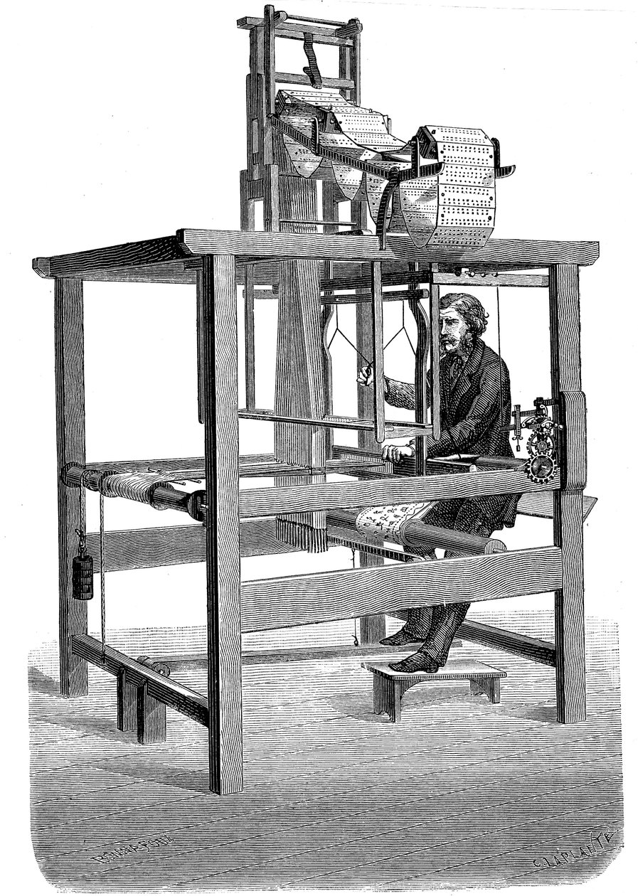 Jacquardvevstol, med swags av hullkort som mønsteret ble vevd av, 1876 av Unbekannt