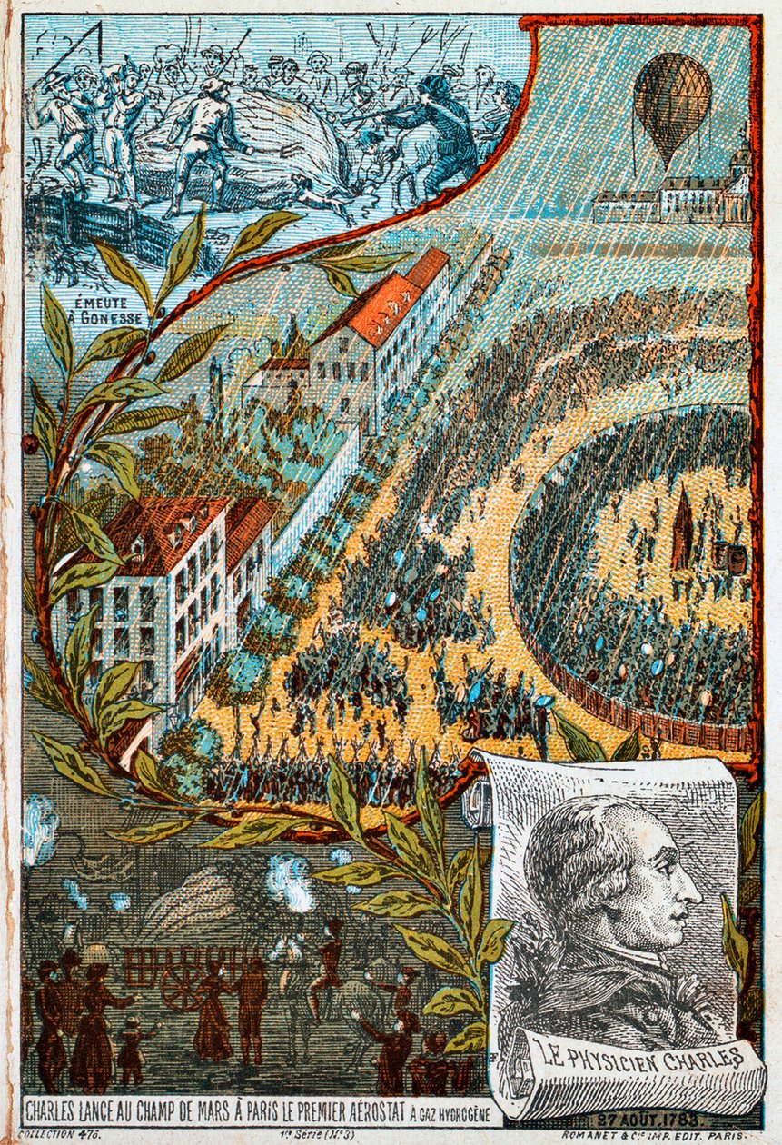 Jacques Charles lanserer sin første aerostat fra Champ de Mars, Paris, 1783 1890-årene. av Unbekannt