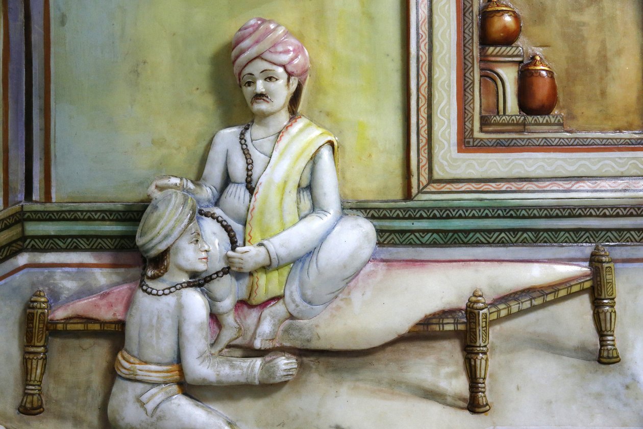Jalaram Prathna hinduistiske tempel, Leicester. Kunstverk som skildrer Jalarambapas liv. Storbritannia av Unbekannt