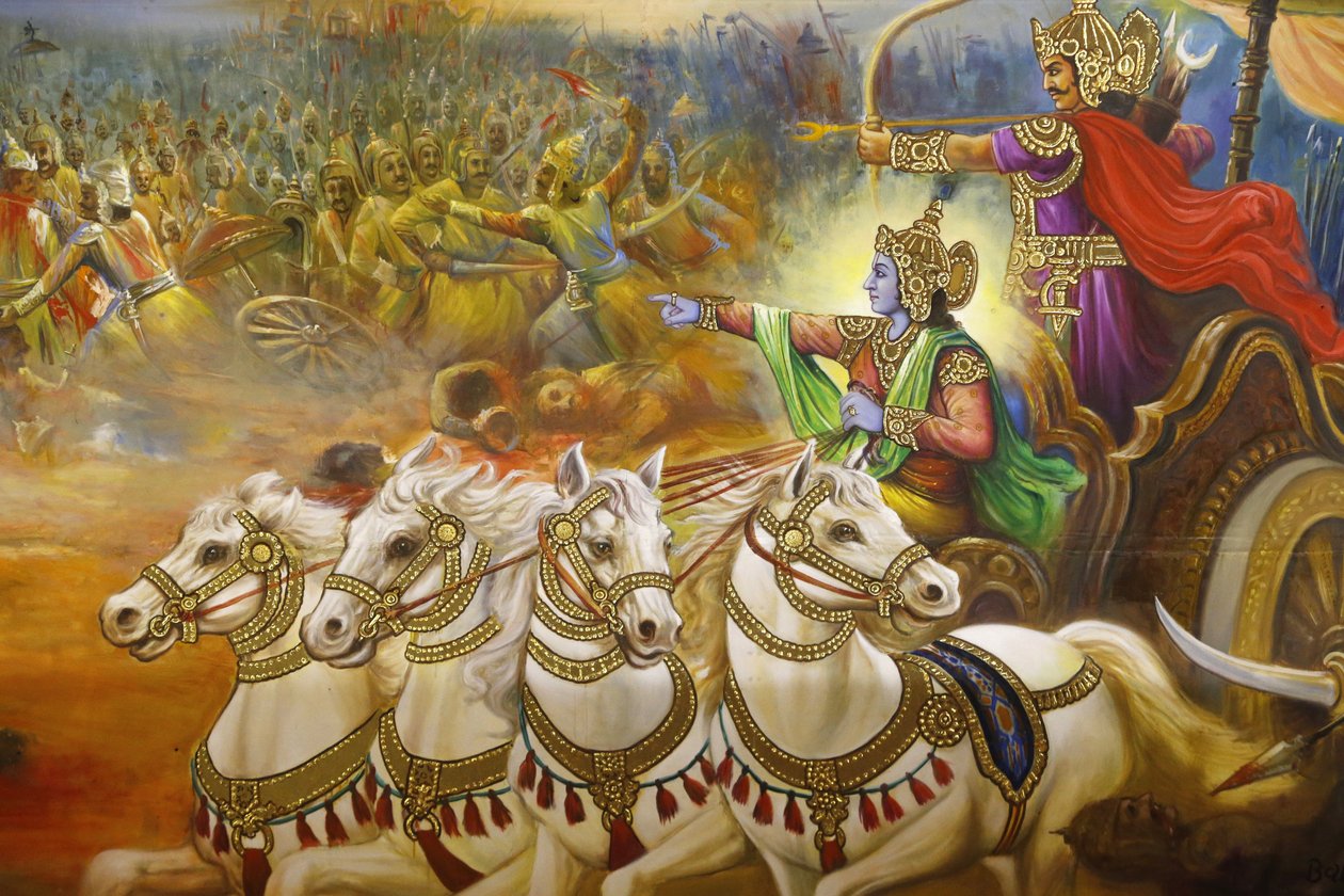 Jalaram Prathna hinduistiske tempel, Leicester. Fresco. Krishna, vognføreren som leder Arjuna på slagmarken i Kurukshetra. Storbritannia av Unbekannt