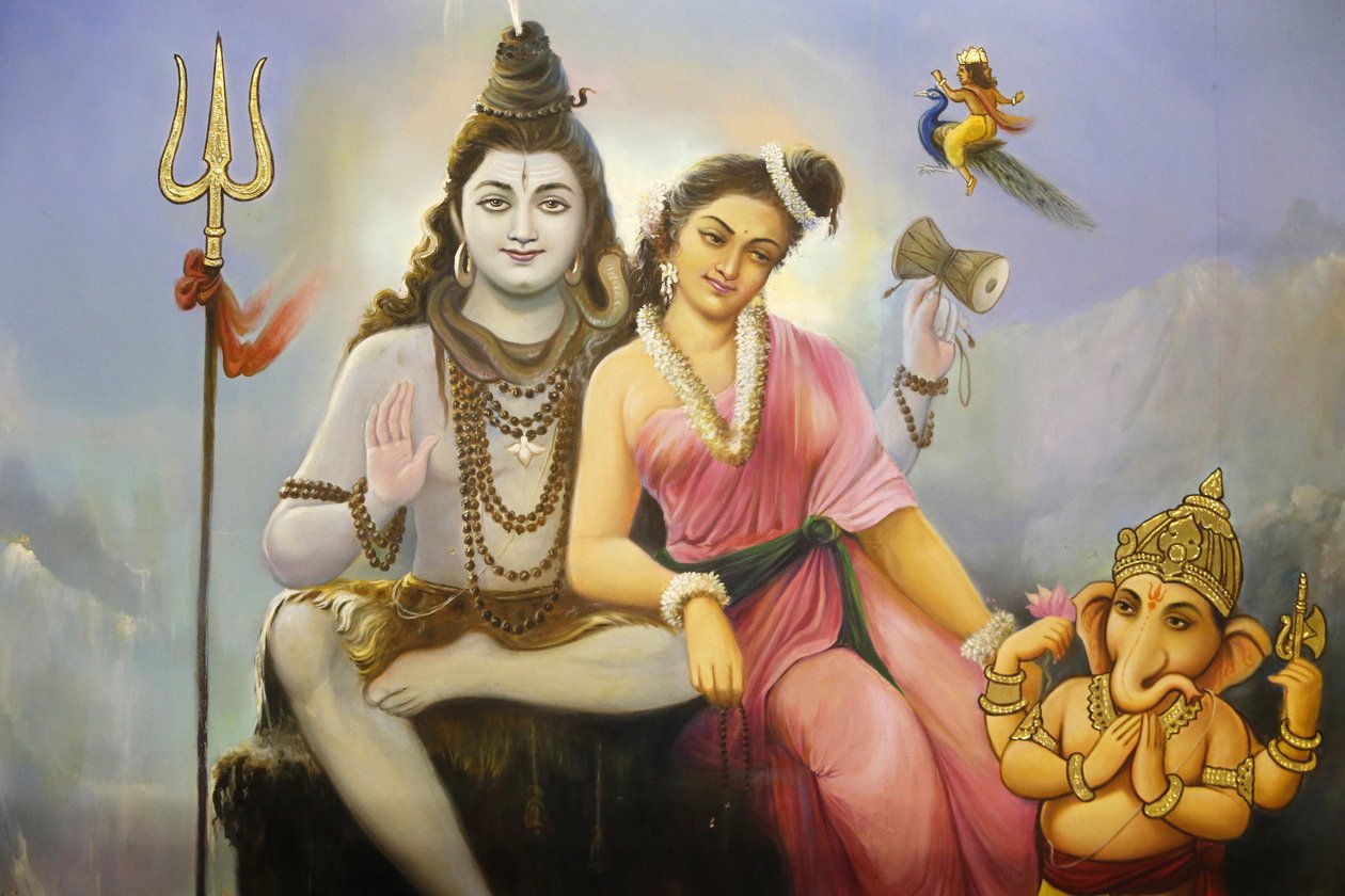 Jalaram Prathna hinduistiske tempel, Leicester. Freske som viser Shiva, Parvati og Ganesh. Storbritannia av Unbekannt