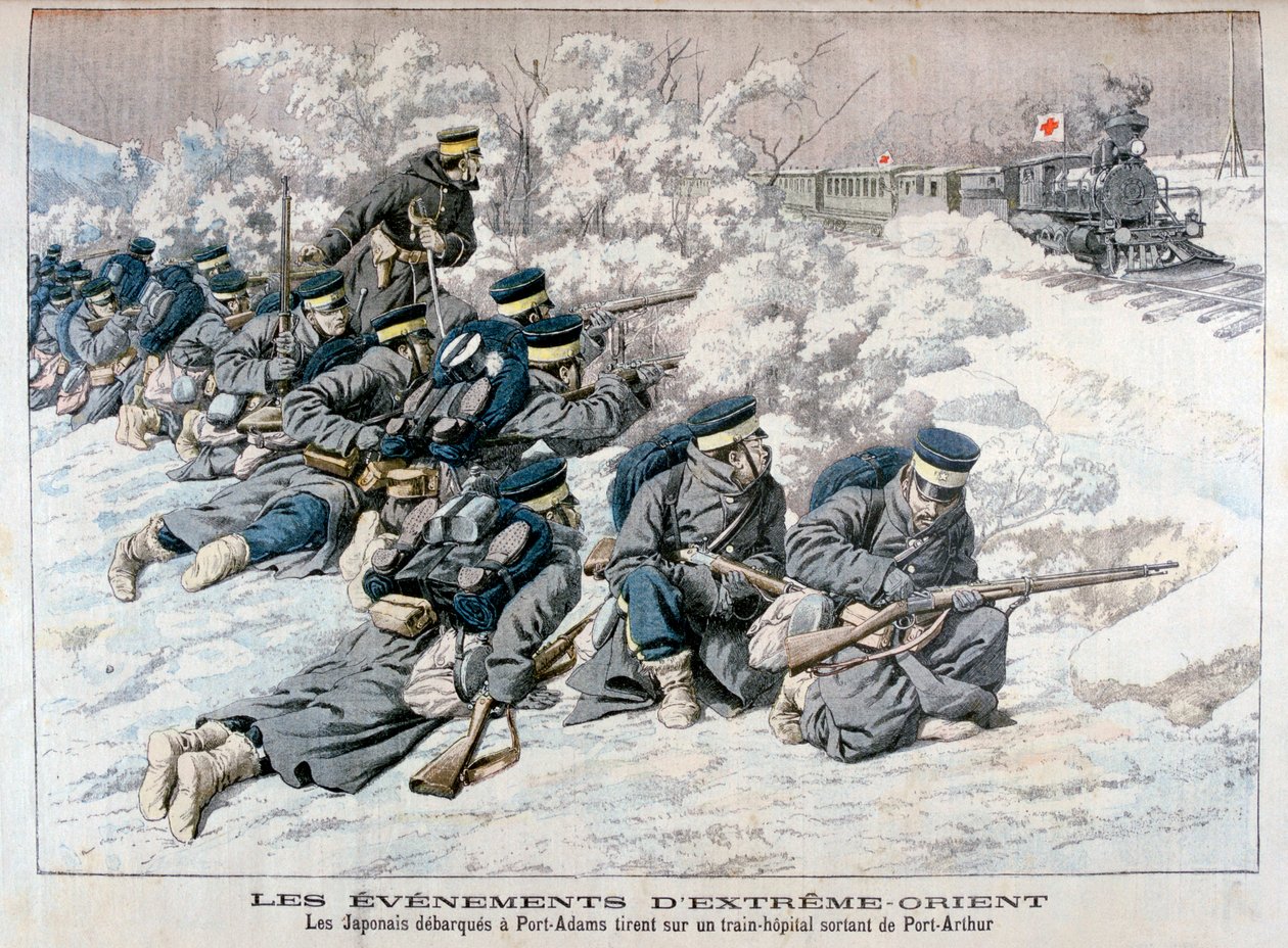 Japansk angrep på et sykehustog nær Port Arthur, Manchuria, den russisk-japanske krigen, 1904 av Unbekannt